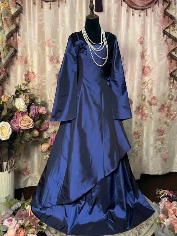 A-Line/Princess Spaghetti Straps Taffeta Prom Dresses Bowknot Vintage 80s Iridescent Dress Sleeveless FLoor-Length With 3D Flowers&Wrap