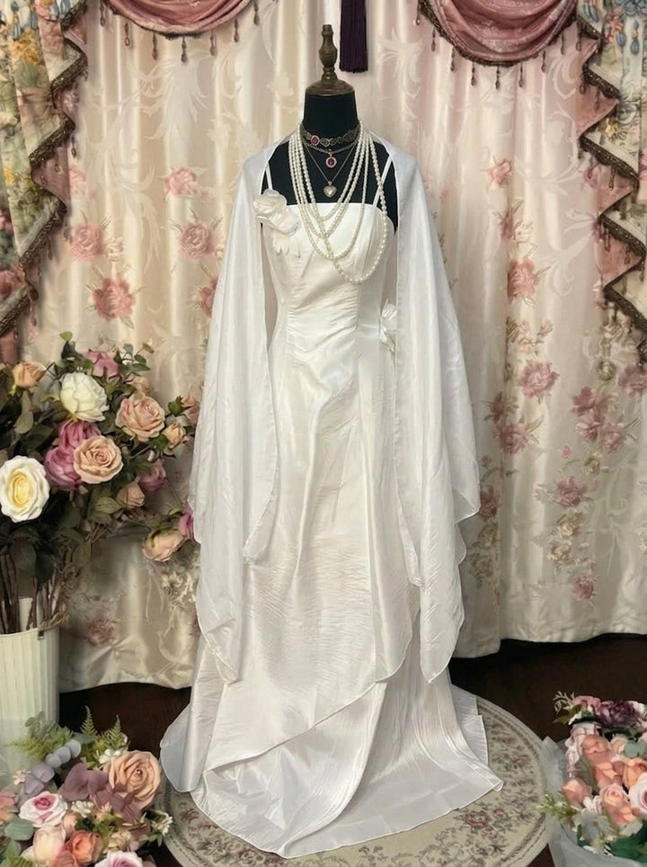 A-Line/Princess Spaghetti Straps Taffeta Prom Dresses Bowknot Vintage 80s Iridescent Dress Sleeveless FLoor-Length With 3D Flowers&Wrap