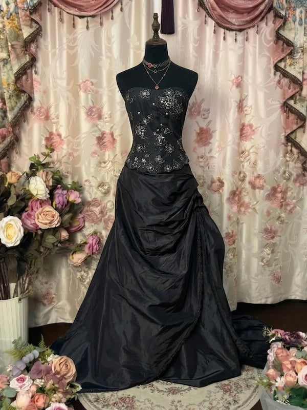 A-Line/Princess Strapless Taffeta Prom Dresses Vintage 80s Iridescent Dress Sleeveless FLoor-Length Floral