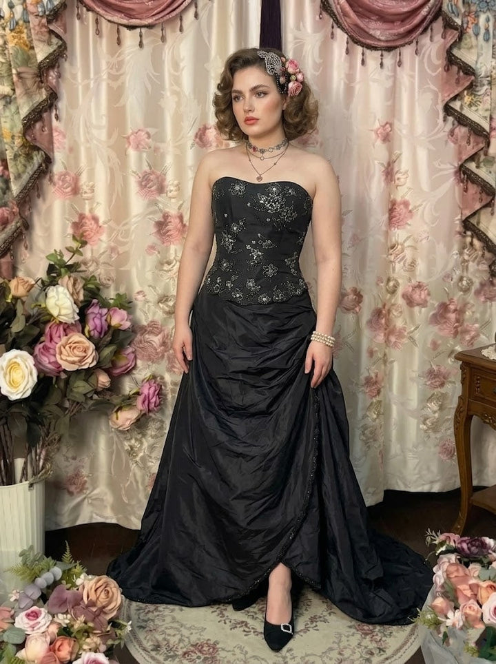 A-Line/Princess Strapless Taffeta Prom Dresses Vintage 80s Iridescent Dress Sleeveless FLoor-Length Floral