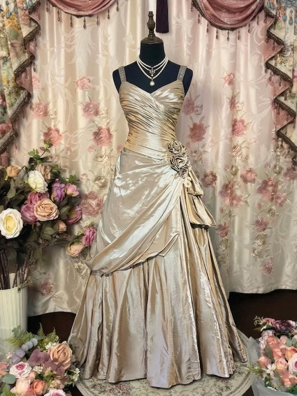 A-Line/Princess Spaghetti Straps Taffeta Prom Dresses Vintage 80s Iridescent Dress Sleeveless FLoor-Length With 3D Flowers