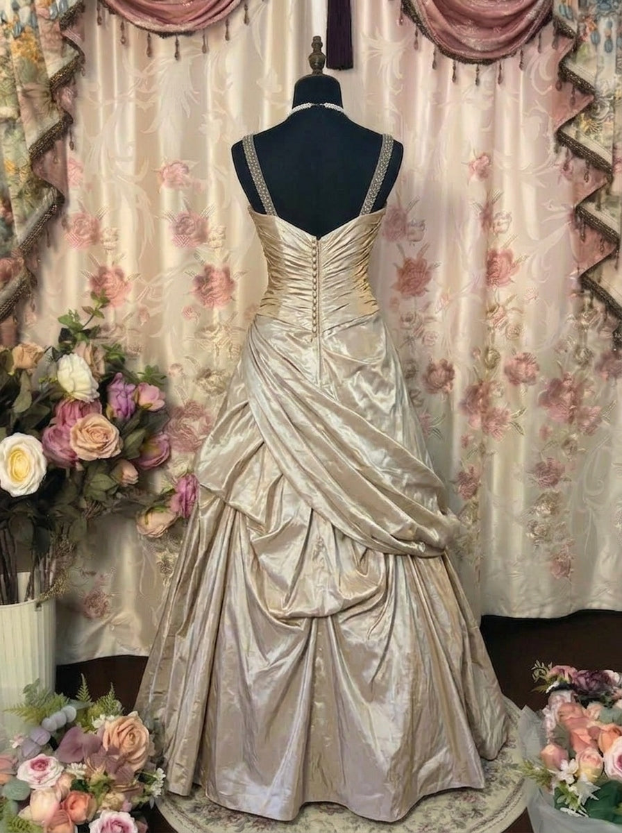 A-Line/Princess Spaghetti Straps Taffeta Prom Dresses Vintage 80s Iridescent Dress Sleeveless FLoor-Length With 3D Flowers
