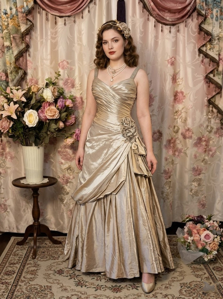 A-Line/Princess Spaghetti Straps Taffeta Prom Dresses Vintage 80s Iridescent Dress Sleeveless FLoor-Length With 3D Flowers