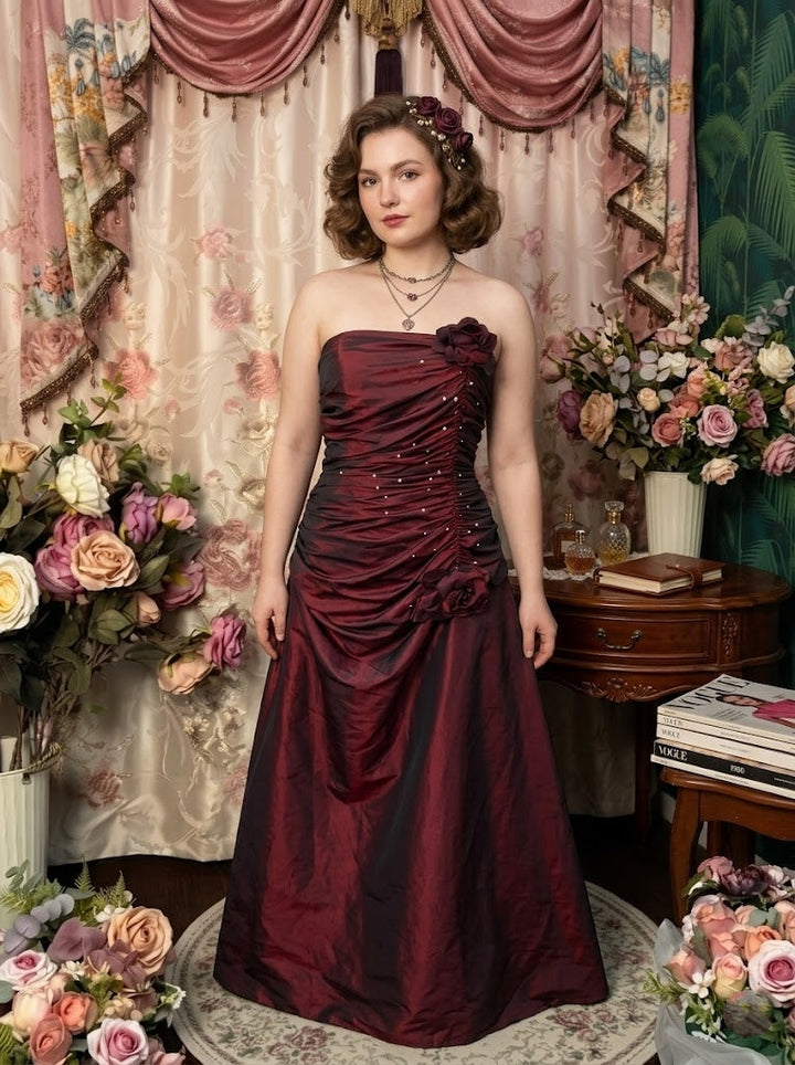 A-Line/Princess Strapless Taffeta Prom Dresses Vintage 80s Iridescent Dress Sleeveless FLoor-Length Ruched With 3D Flower