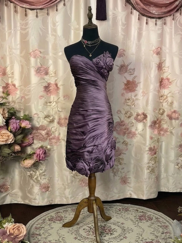 Sheath/Column Strapless Taffeta Prom Dresses Vintage 80s Iridescent Dress Sleeveless Mini Ruched With 3D Flowers