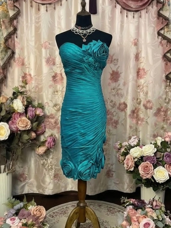 Sheath/Column Strapless Taffeta Prom Dresses Vintage 80s Iridescent Dress Sleeveless Mini Ruched With 3D Flowers