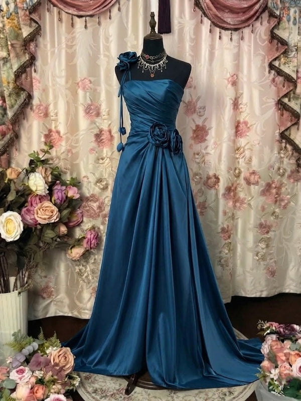 A-Line/Princess One-Shoulder Taffeta Prom Dresses Vintage 80s Iridescent Dress Sleeveless FLoor-Length Ruched With 3D Flowers