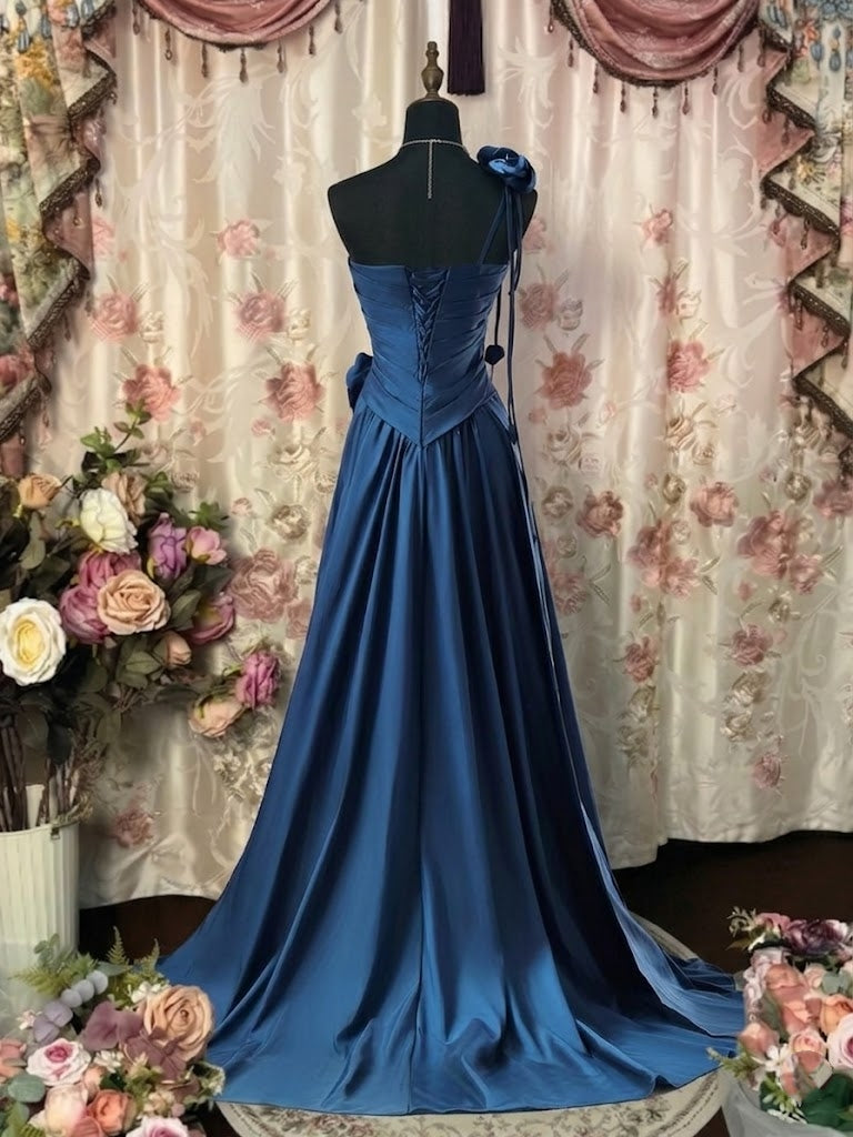 A-Line/Princess One-Shoulder Taffeta Prom Dresses Vintage 80s Iridescent Dress Sleeveless FLoor-Length Ruched With 3D Flowers