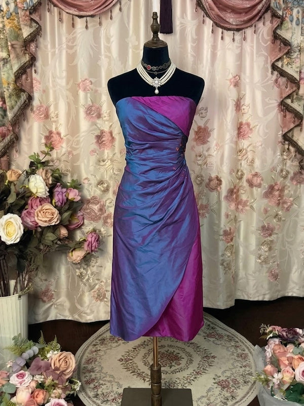 Sheath/Column Strapless Taffeta Prom Dresses Vintage 80s Iridescent Dress Sleeveless Mini Ruched