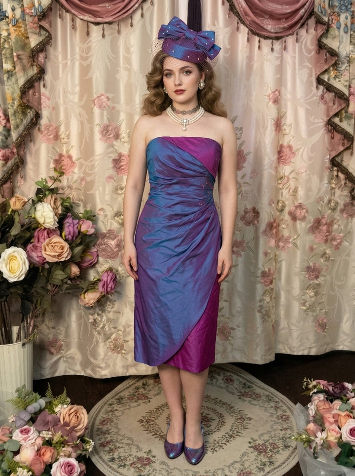 Sheath/Column Strapless Taffeta Prom Dresses Vintage 80s Iridescent Dress Sleeveless Mini Ruched