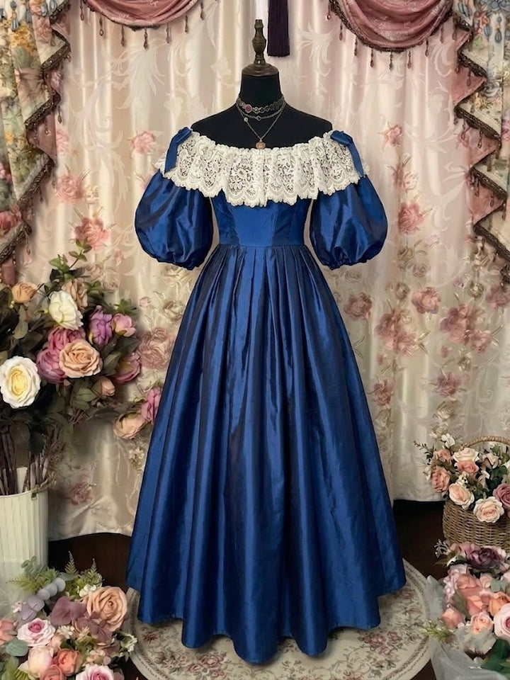 A-Line/Princess Off-the-Shoulder Taffeta Prom Dresses Bowknot Vintage 80s Iridescent Dress Sleeveless FLoor-Length Lace