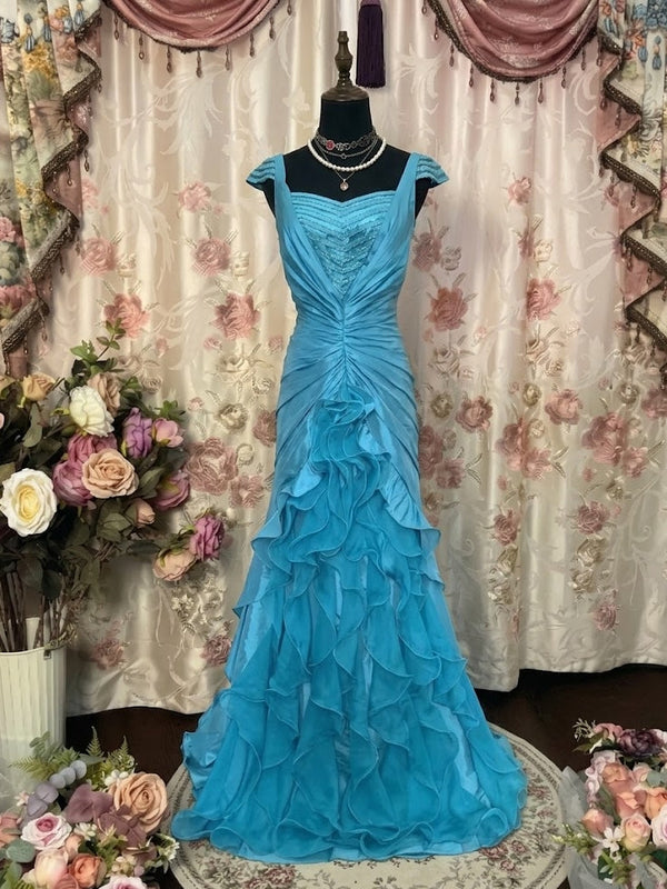 A-Line/Princess Square Collar Taffeta Prom Dresses Vintage 80s Iridescent Dress Sleeveless FLoor-Length Sequins Ruffles