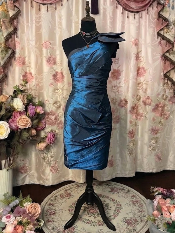 Sheath/Column One-Shoulder Taffeta Prom Dresses Vintage 80s Iridescent Dress Sleeveless Knee-Length Bowknot