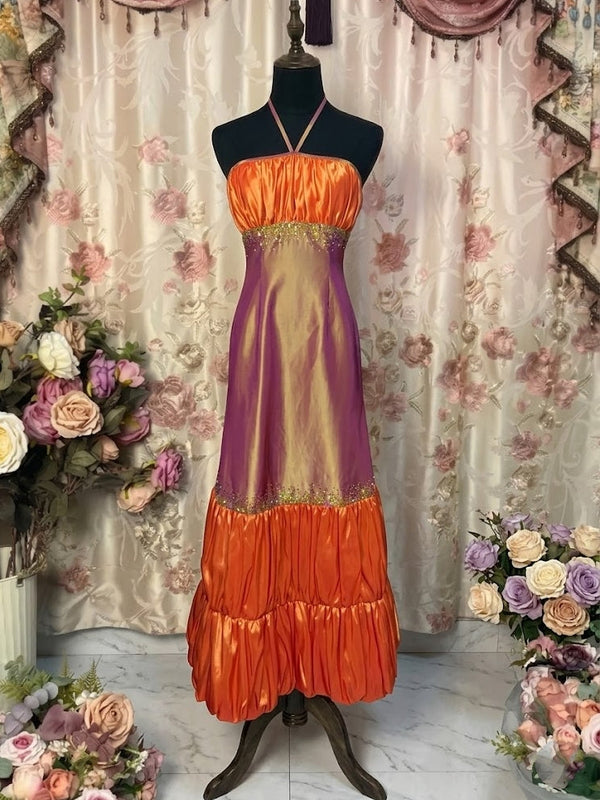 A-Line/Princess Halter Taffeta Prom Mini Dresses Vintage 80s Iridescent Dress Sleeveless Ankle-Length Sequins