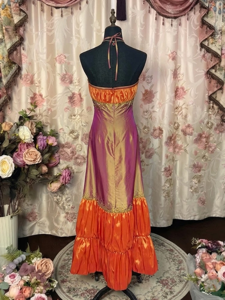 A-Line/Princess Halter Taffeta Prom Mini Dresses Vintage 80s Iridescent Dress Sleeveless Ankle-Length Sequins