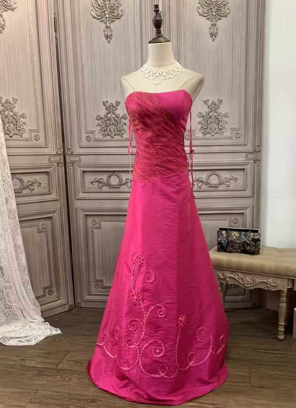 A-Line/Princess Strapless Taffeta Prom Dresses Vintage 80s Iridescent Dress Sleeveless Floor-Length with Appliques