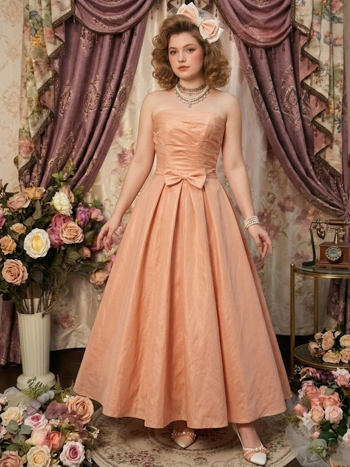 A-Line/Princess Strapless Taffeta Prom Dresses Vintage 80s Iridescent Dress Sleeveless Ankle-Length Bowknot