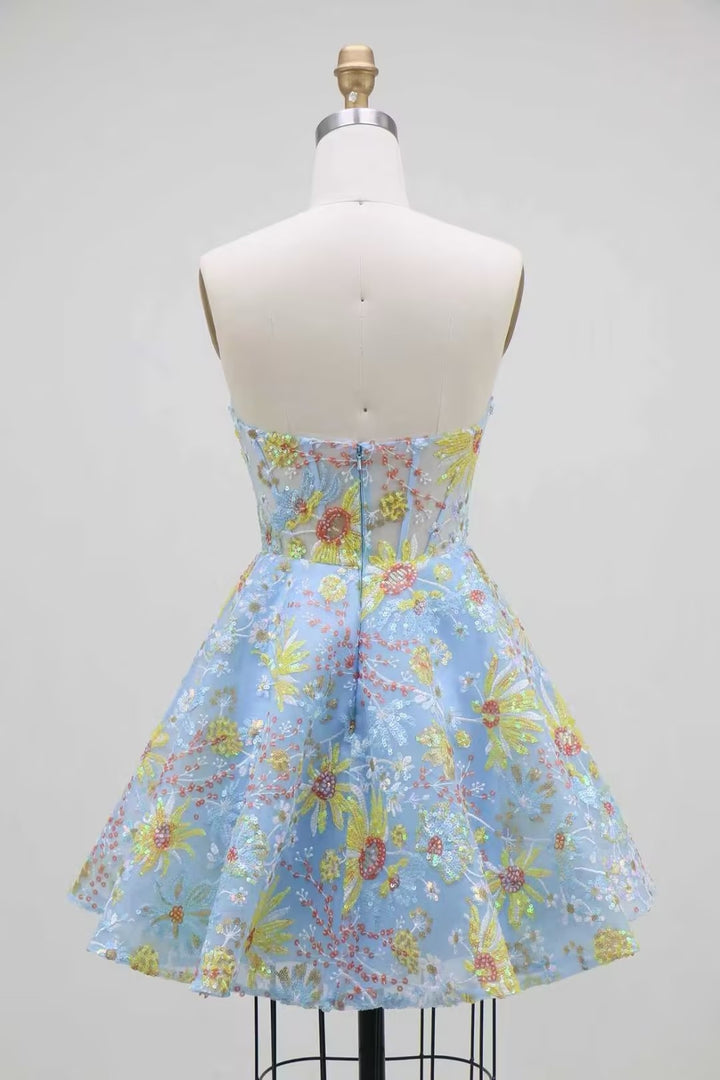 A-Line/Princess Strapless Lace Homecoming Dresses Short/Mini Sleeveless Floral