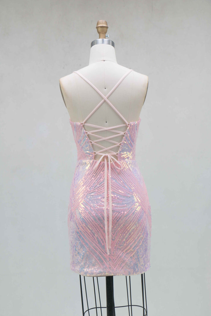 Sheath/Column Spaghetti Straps Sleeveless Short/Mini Homecoming Dresses with Sequins