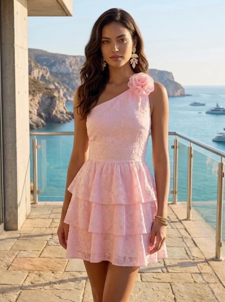 A-Line/Princess One-Shoulder Chiffon Floral Homecoming Dresses with 3D Flower Short/Mini Sleeveless Ruffles