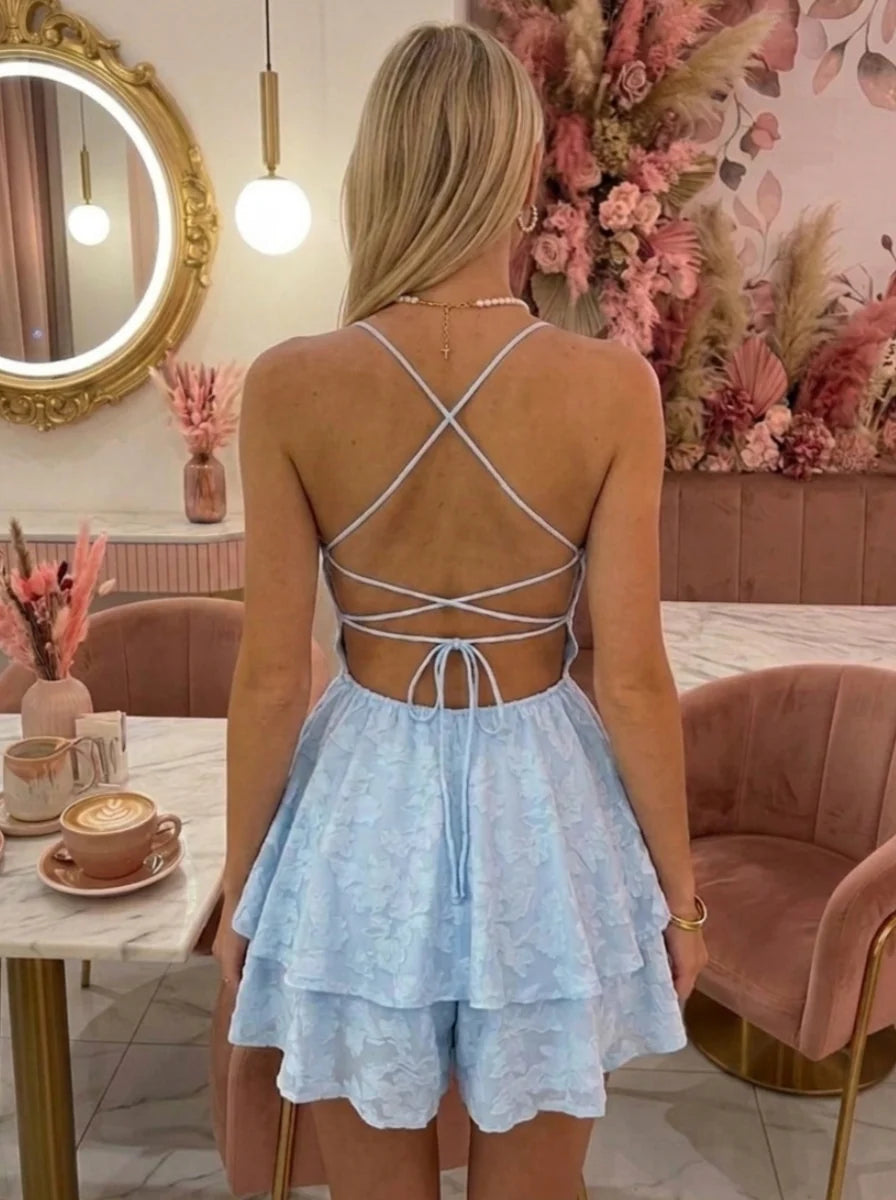 A-Line/Princess Spaghetti Straps Chiffon Floral Homecoming Dresses Short/Mini Sleeveless Ruffles