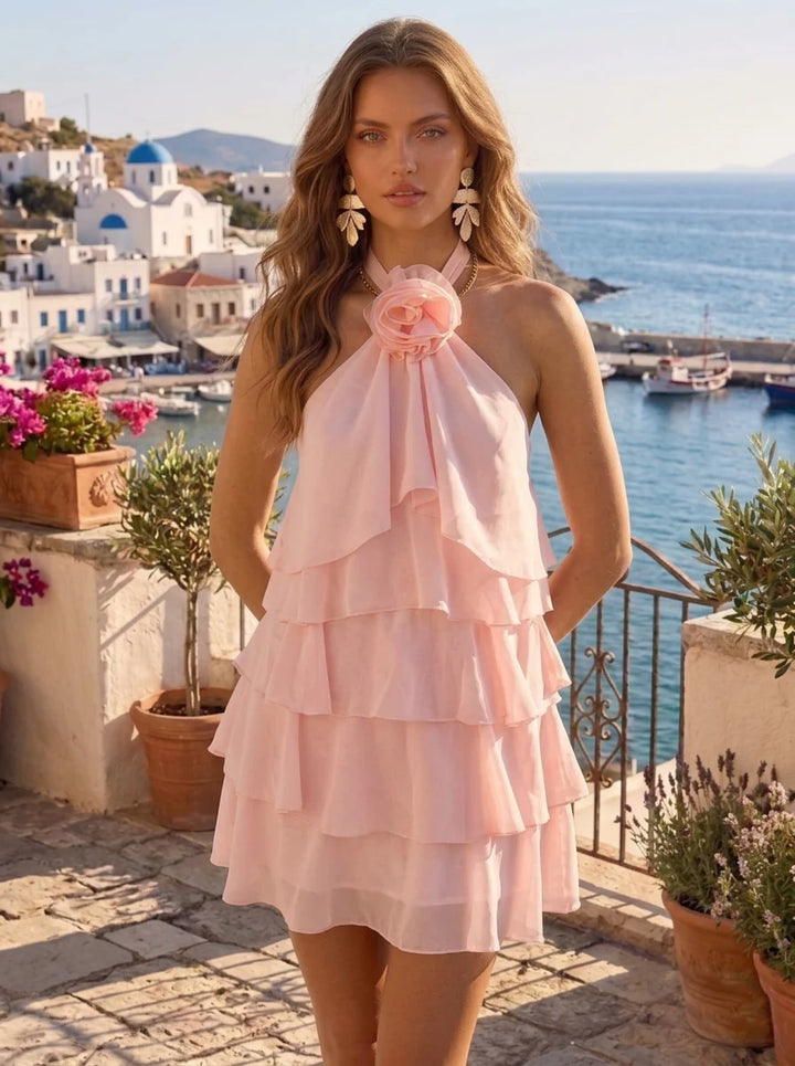 A-Line/Princess Halter Chiffon Homecoming Dresses with 3D Flower Sleeveless Short/Mini Ruffles