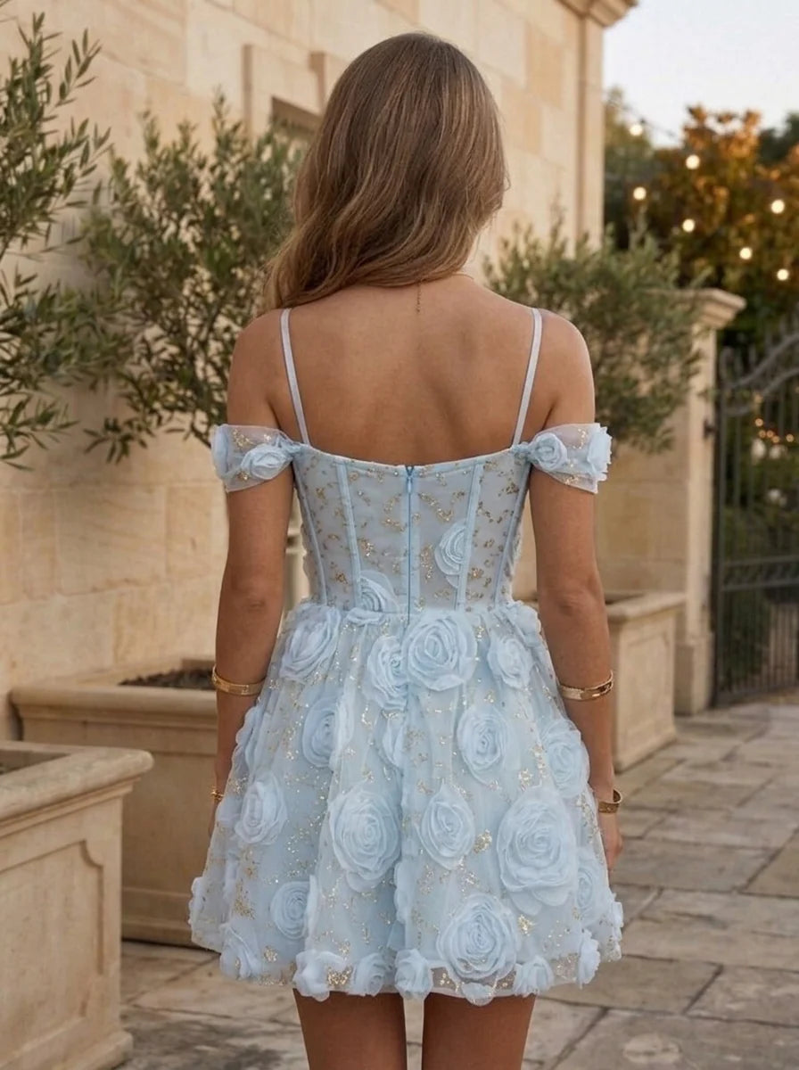 A-Line/Princess Spaghetti Straps Tulle Homecoming Dresses with 3D Flower Short/Mini Floral Sleeveless