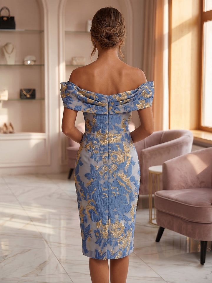 Sheath/Column Jacquard Off-the-Shoulder Homecoming Dresses Floral Sleeveless Knee-Length