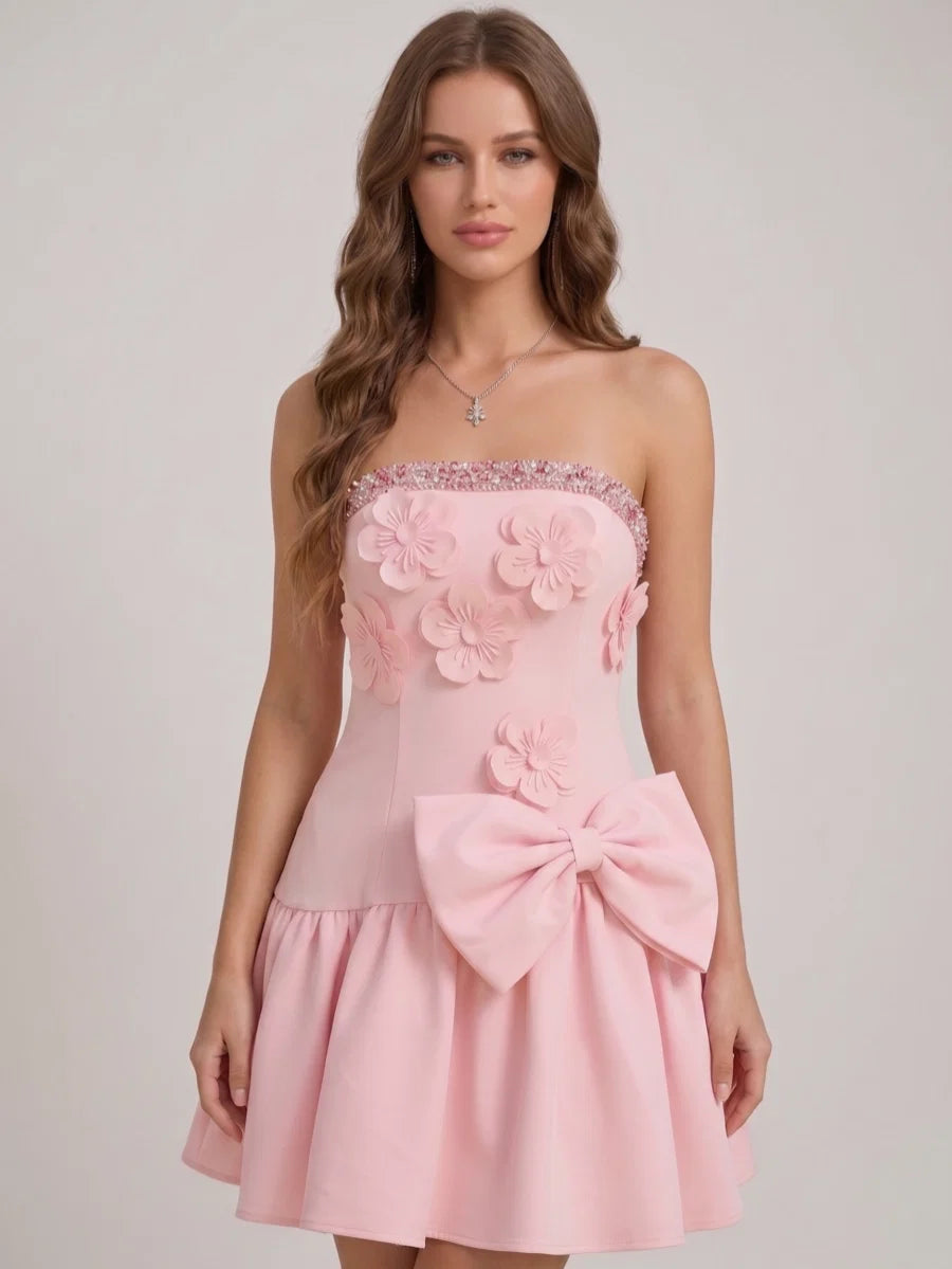 A-Line/Princess Strapless Stretch Satin Homecoming Dresses with 3D Flower Bowknot Sleeveless Short/Mini