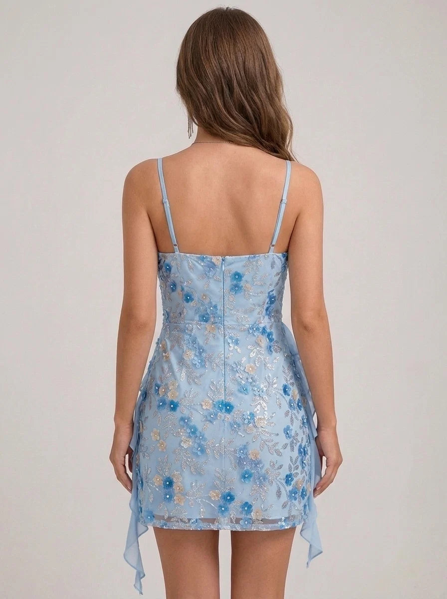 A-Line/Princess Floral Sequins Spaghetti Straps Homecoming Dresses Sleeveless Short/Mini Ruffles