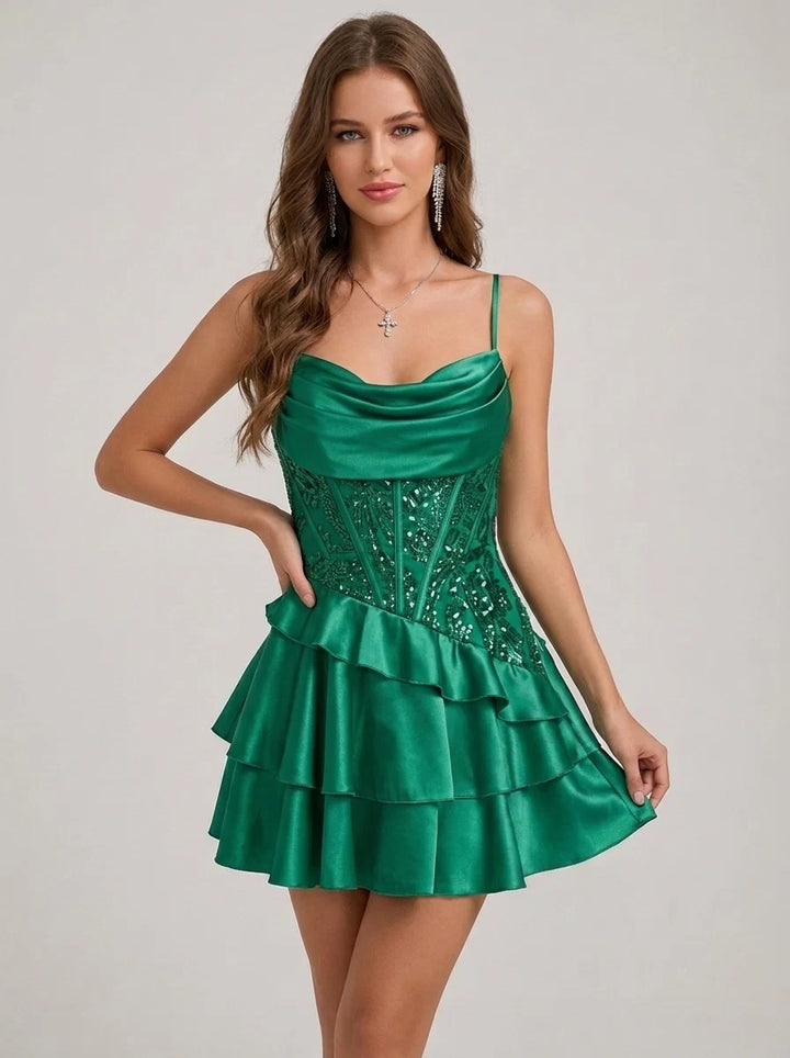 A-Line/Princess Spaghetti Straps Silk Satin Homecoming Dresses Sleeveless Short/Mini Sequins