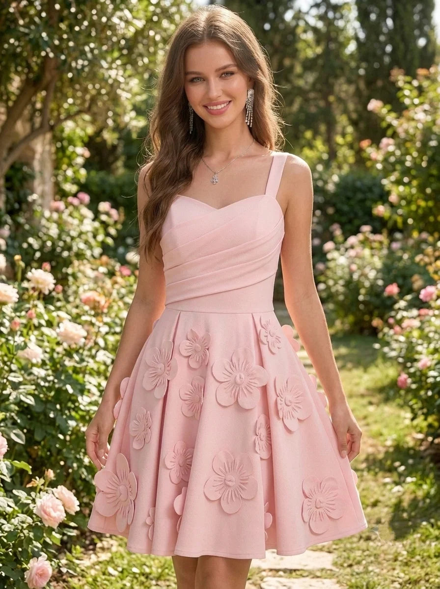 A-Line/Princess SweetHeart Stretch Satin Homecoming Dresses with 3D Flowers Sleeveless Short/Mini