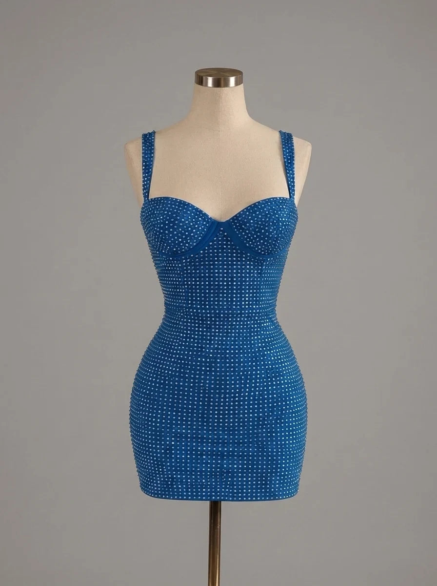 Sheath/Column Spaghetti Straps Hot Fix Homecoming Dresses Sleeveless Short/Mini