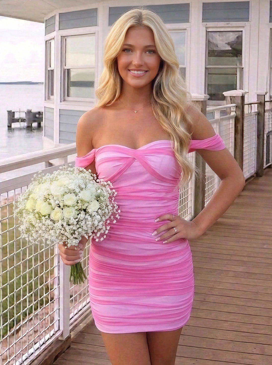 Sheath/Column Off-the-Shoulder Tulle Homecoming Dresses Sleeveless Short/Mini Ruched