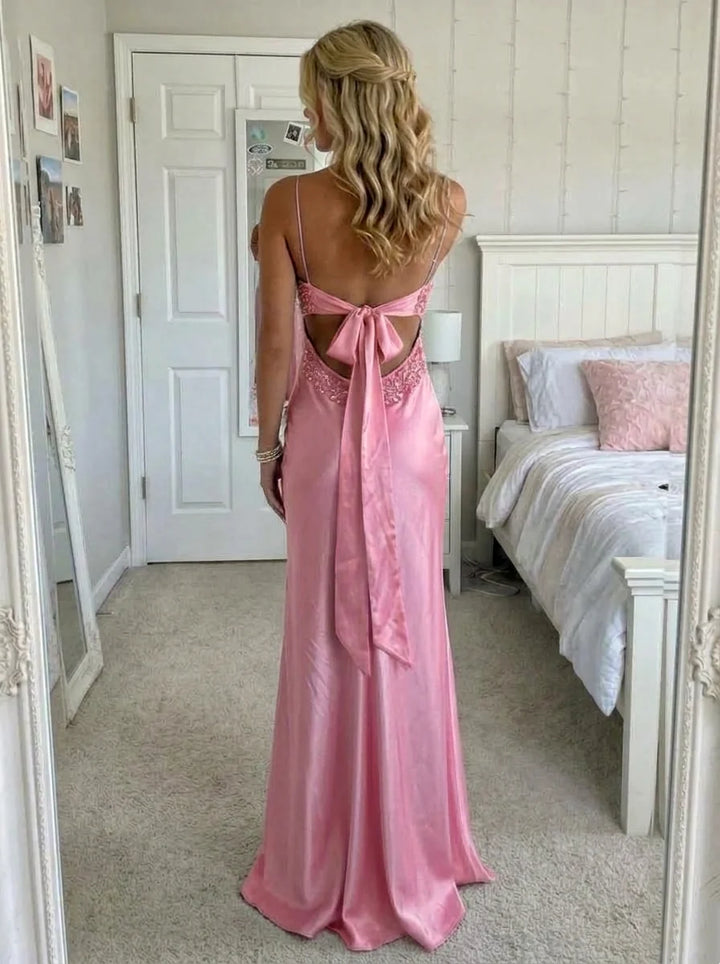Sheath/Column V-Neck Silk Satin Prom Dresses Floor-Length Sleeveless Sequins Formal Dresses