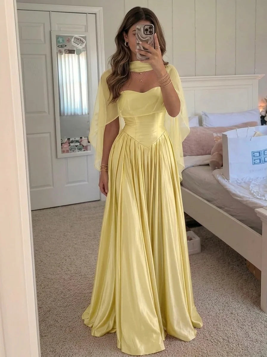 A-Line/Princess Strapless Silk Satin Prom Dresses with Cape Floor-Length Sleeveless Pleated Formal Dresses
