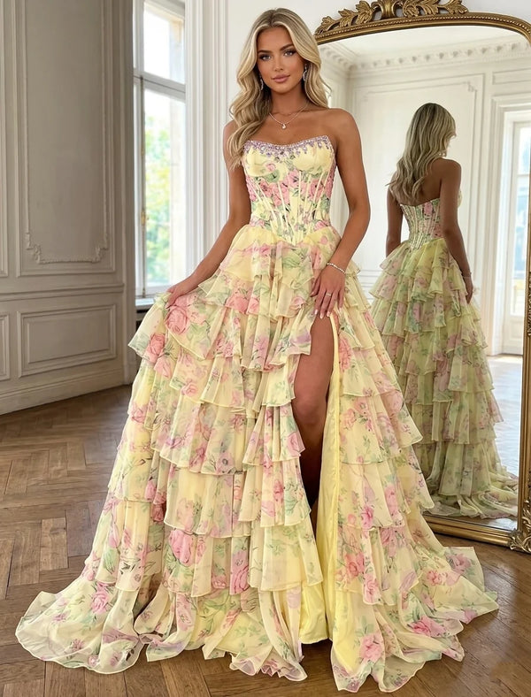 A-Line/Princess Strapless Printed Prom Dresses with Split Side Tiered Ruffles Floor-Length Sleeveless Formal Dresses