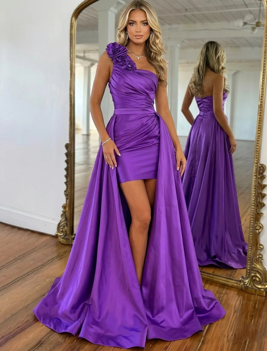 A-Line/Princess One-Shoulder Satin Prom Dresses with Detachable Overskirt 3D Flowers Floor-Length Sleeveless Formal Dresses