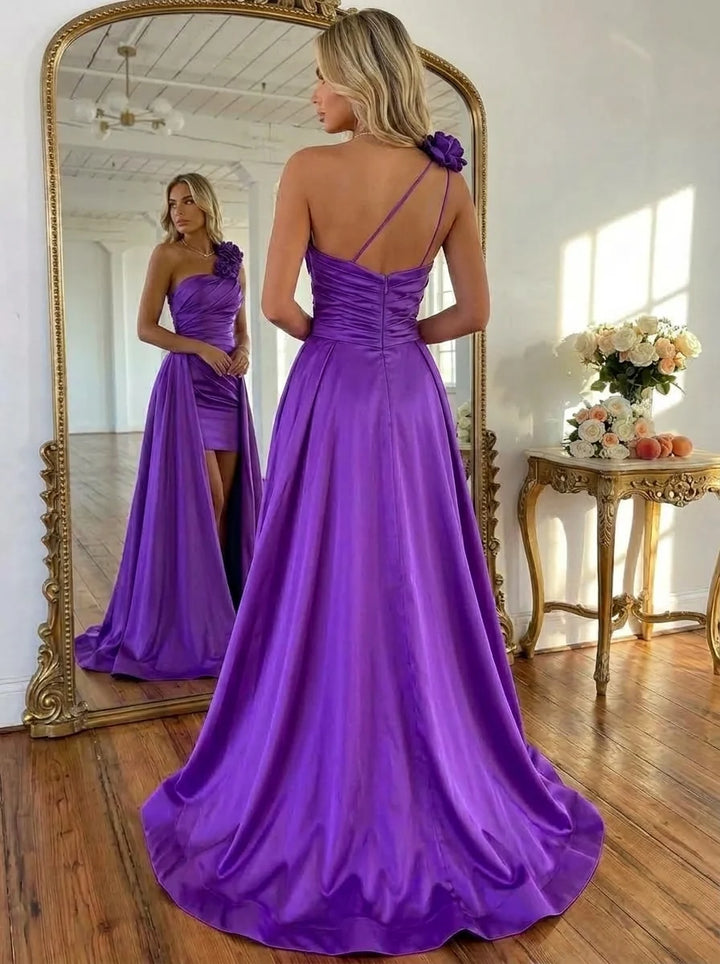 A-Line/Princess One-Shoulder Satin Prom Dresses with Detachable Overskirt 3D Flowers Floor-Length Sleeveless Formal Dresses