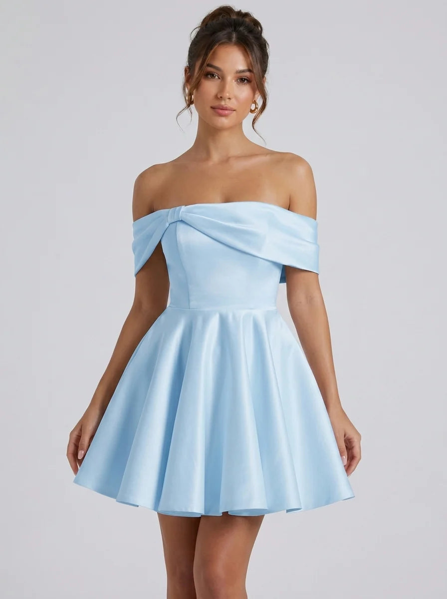 A-Line/Princess Off-the-Shoulder Satin Homecoming Dresses Short/Mini Sleeveless Pleated