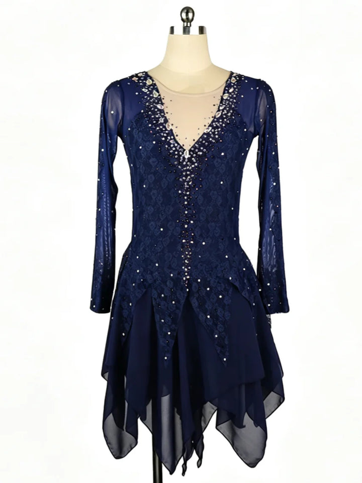 Figure Skating Dress Women's Girls' Ice Skating Dress Navy Blue Tulle Training Practice Professional Skating Wear