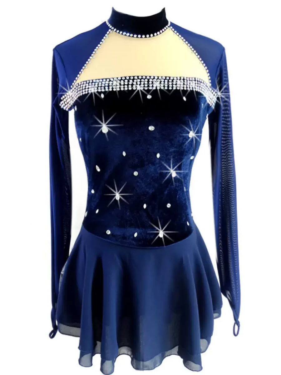Figure Skating Dress Women's Girls' Ice Skating Dress Velvet Long Sleeves Navy Blue Training Practice Professional Skating Wear