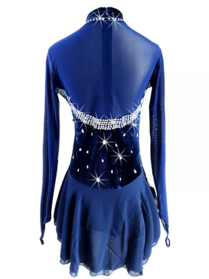Figure Skating Dress Women's Girls' Ice Skating Dress Velvet Long Sleeves Navy Blue Training Practice Professional Skating Wear