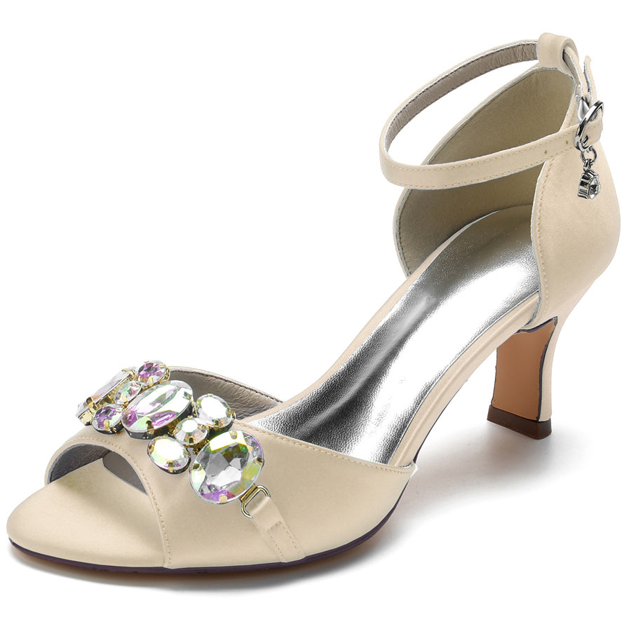 Women's Wedding Shoes Peep Toe Mid Heel Bridal Shoes with colourful Crystals