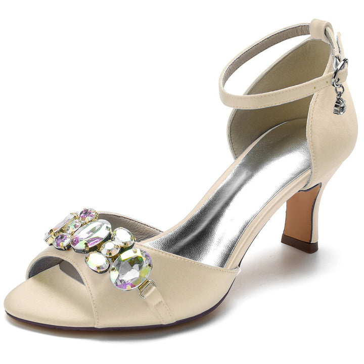 Women's Wedding Shoes Peep Toe Mid Heel Bridal Shoes with colourful Crystals