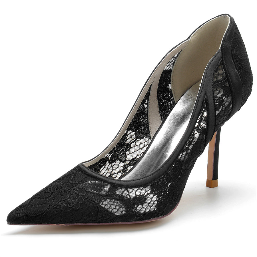 Women's Wedding Pointed Toe Minimalist Stiletto Heel Lace Bridal Shoes