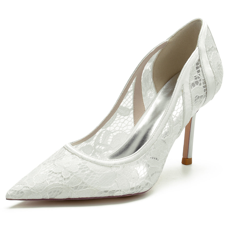 Women's Wedding Pointed Toe Minimalist Stiletto Heel Lace Bridal Shoes