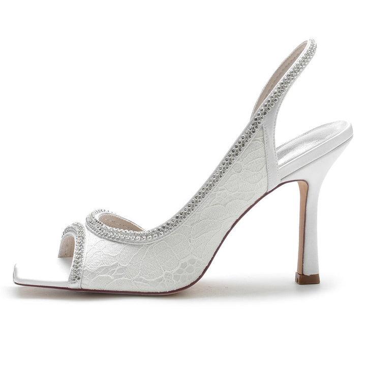 Women's Wedding Shoes Peep Toe High Heel Lace Bridal Shoes with Crystals