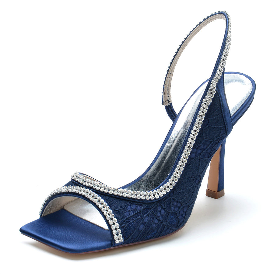 Women's Wedding Shoes Peep Toe High Heel Lace Bridal Shoes with Crystals