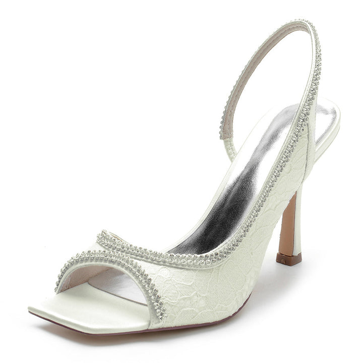 Women's Wedding Shoes Peep Toe High Heel Lace Bridal Shoes with Crystals